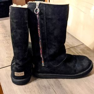 Ugh black leather boots lined in sheepskin rainbow zipper